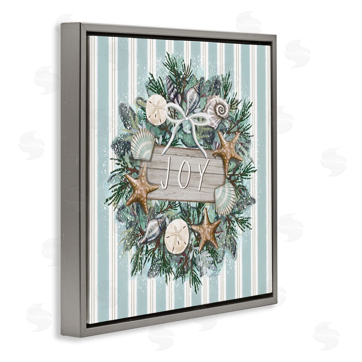 Elizabeth Tyndall Striped Joy Seashell Wreath Gray Floating Frame Canvas Wall Art Print