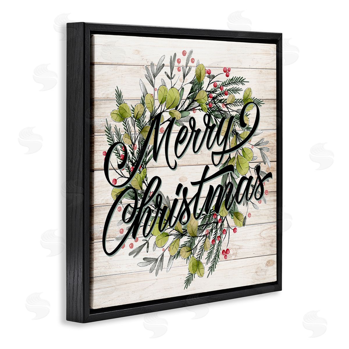 Kim Allen Merry Christmas Botanical Wreath Black Floating Frame Canvas Wall Art Print