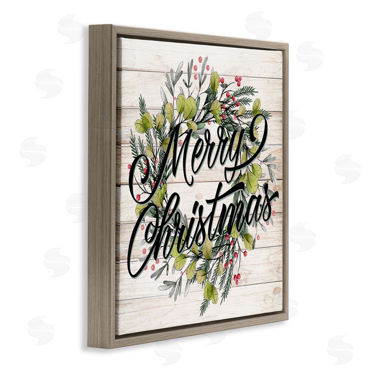 Kim Allen Merry Christmas Botanical Wreath Brown Floating Frame Canvas Wall Art Print