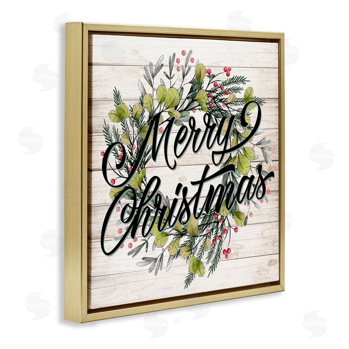 Kim Allen Merry Christmas Botanical Wreath Gold Floating Frame Canvas Wall Art Print