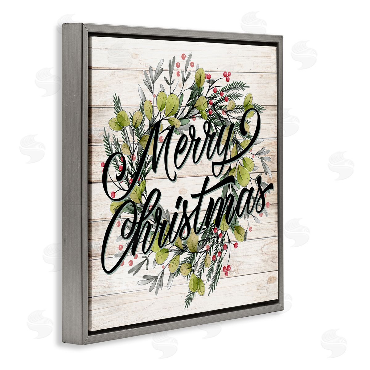 Kim Allen Merry Christmas Botanical Wreath Gray Floating Frame Canvas Wall Art Print