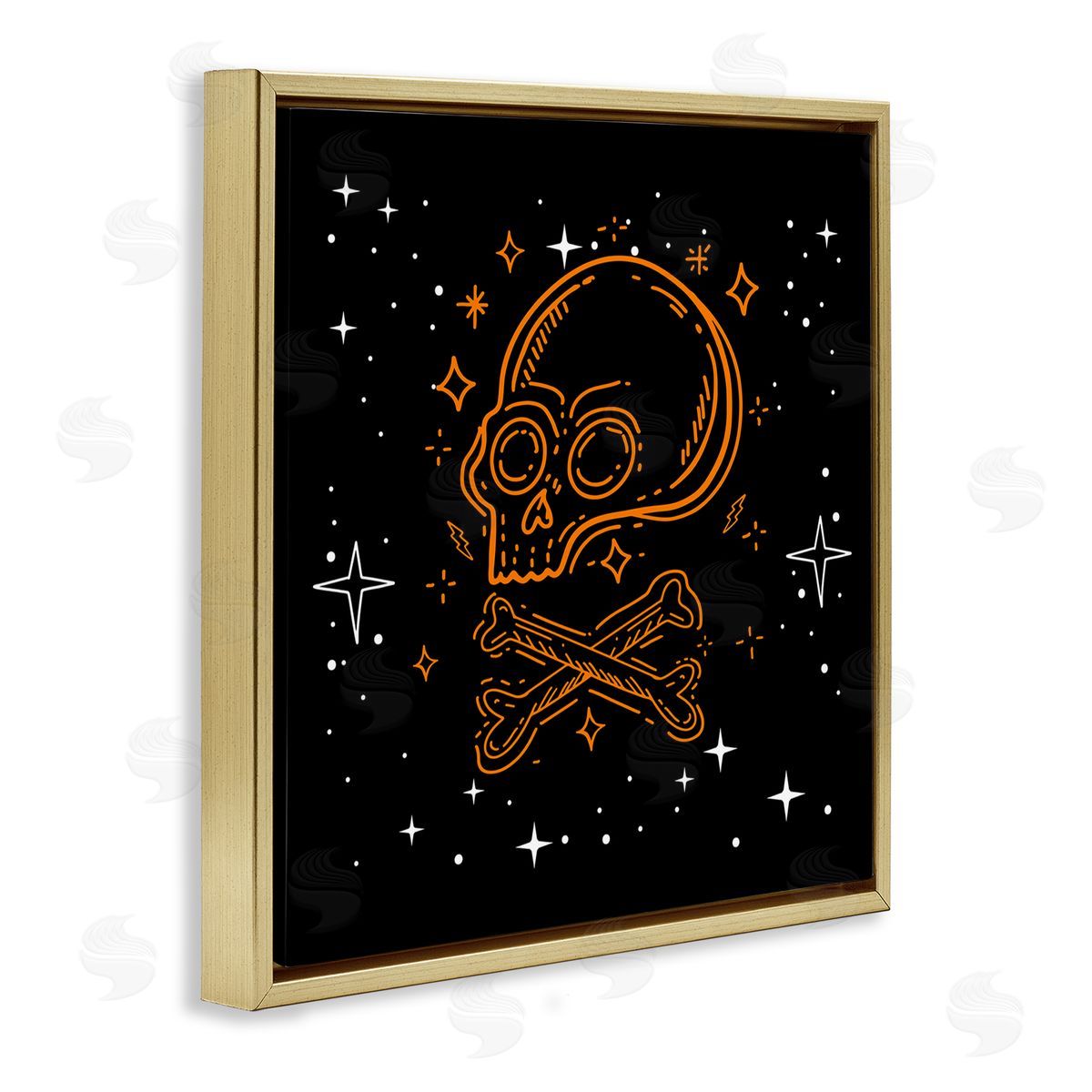 Stupell Studio Skull Crossbones Halloween Stars Gold Floating Frame Canvas Wall Art Print