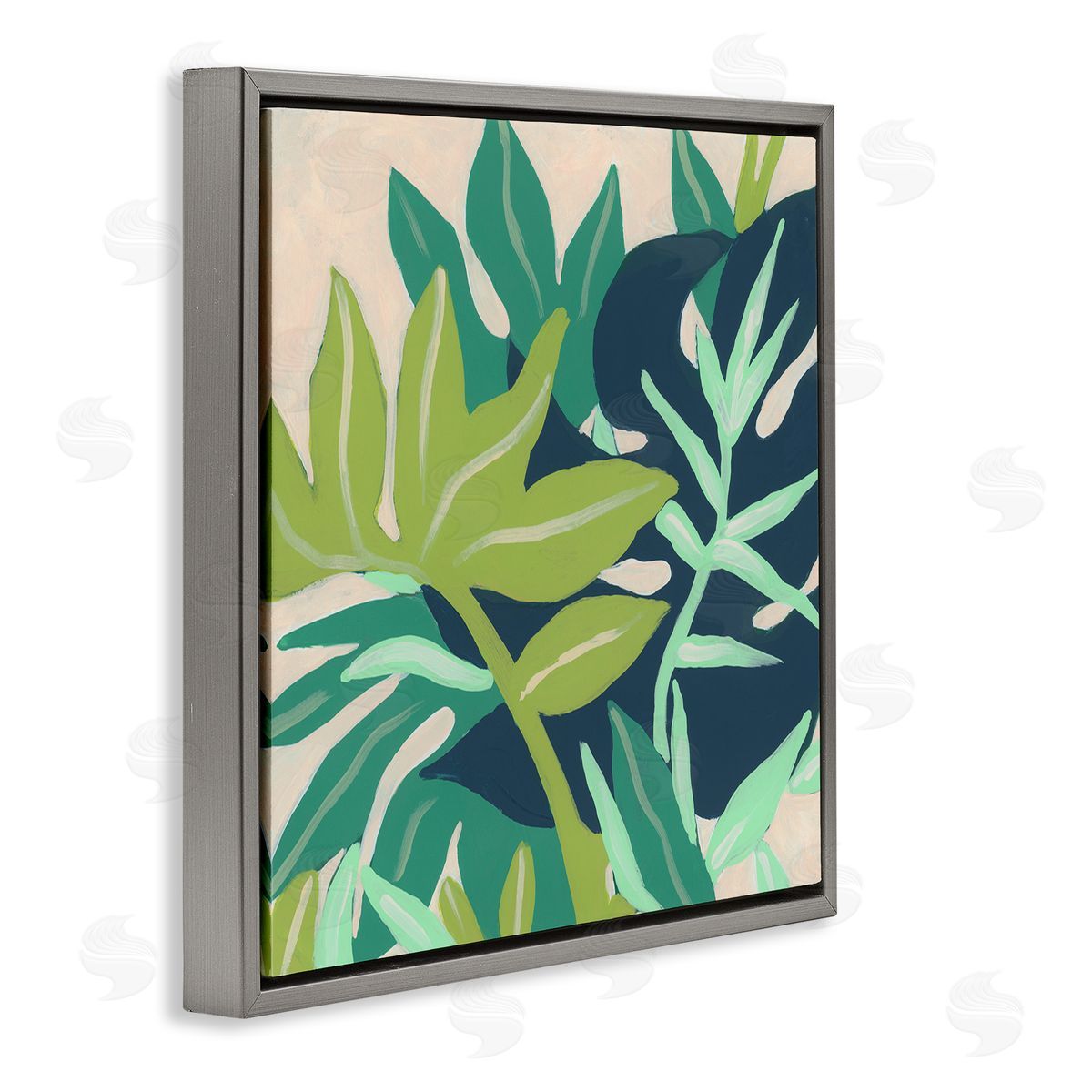 June Erica Vess Tropical Layered Plant Leaves Gray Floating Frame Canvas Wall Art Print