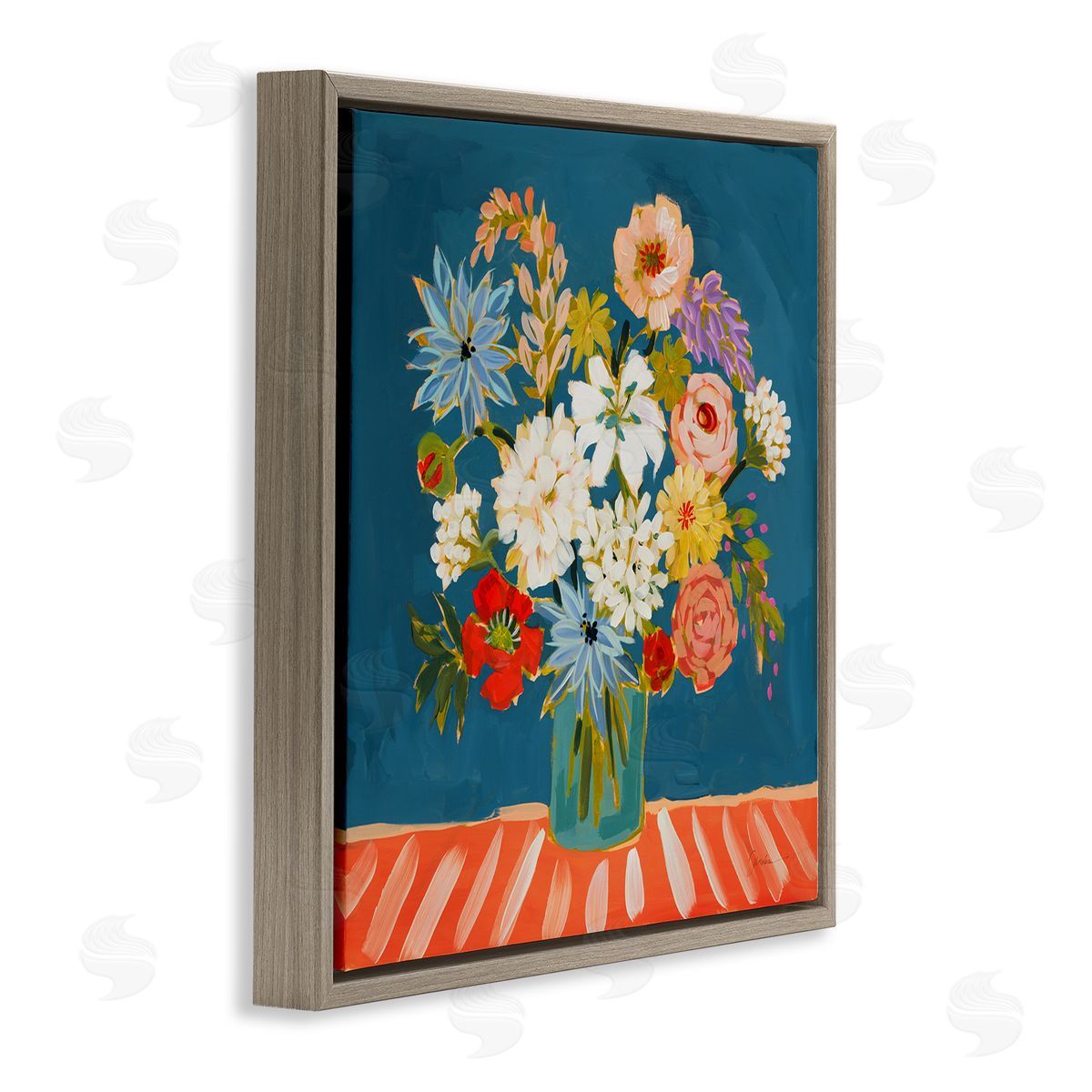 Liz Jardine Modern Mixed Vivid Flowers Brown Floating Frame Canvas Wall Art Print