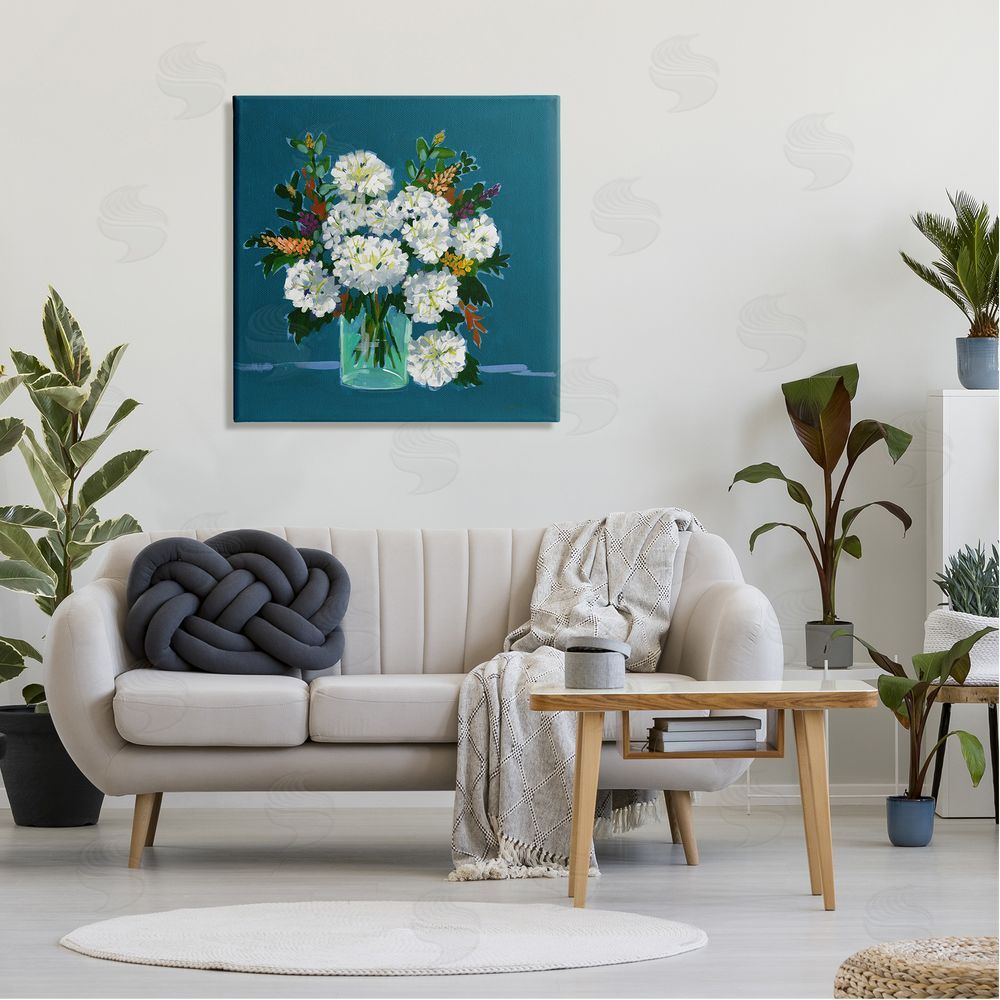 Liz Jardine White Hydrangea Modern Bouquet Canvas Wall Art in Room