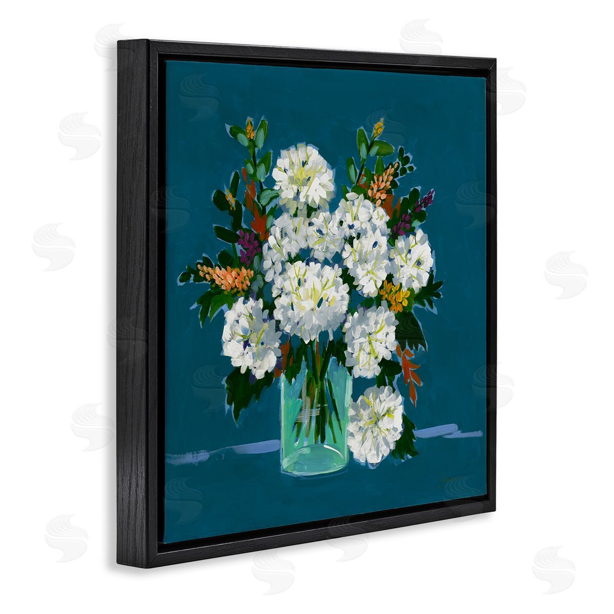 Liz Jardine White Hydrangea Modern Bouquet Black Floating Frame Canvas Wall Art Print