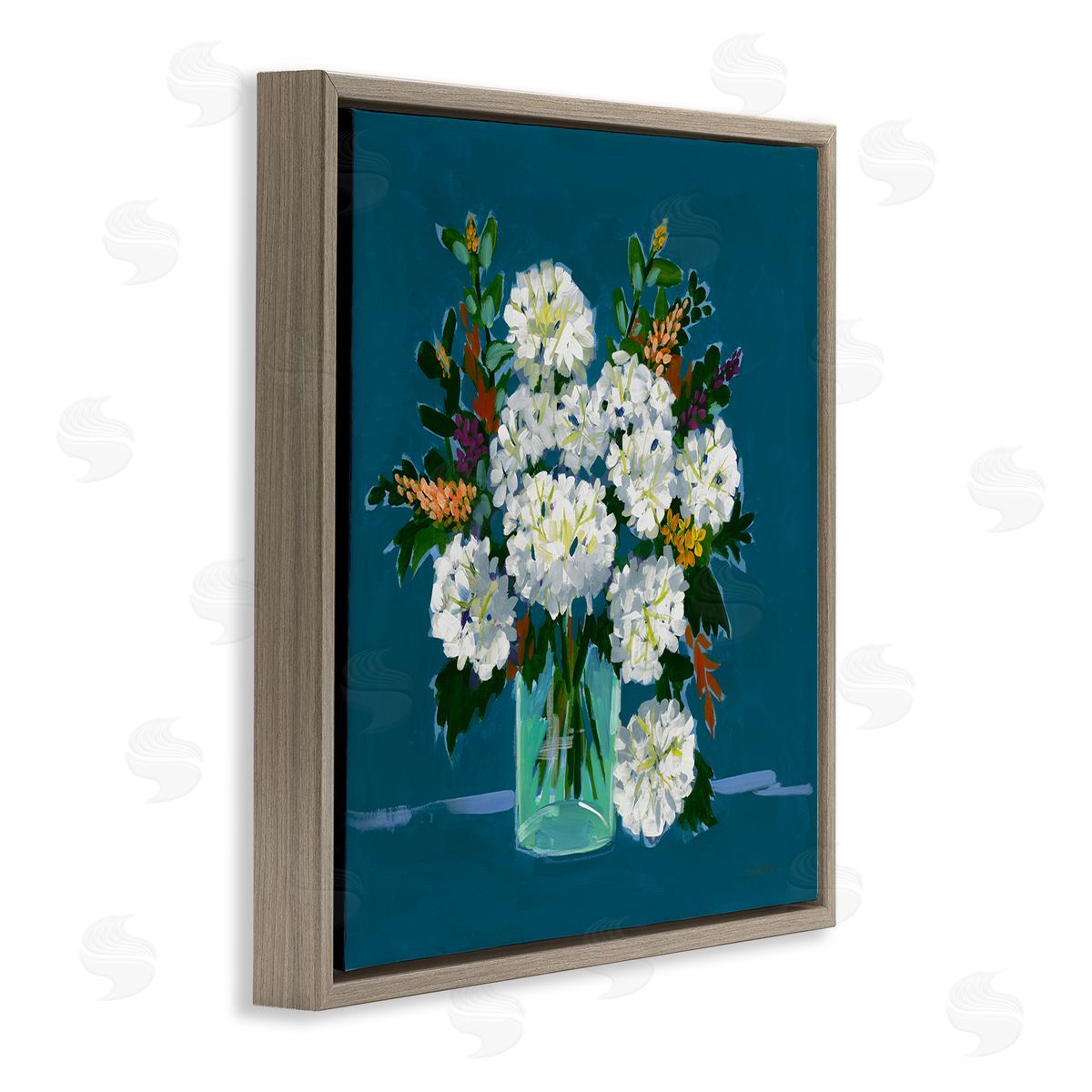 Liz Jardine White Hydrangea Modern Bouquet Brown Floating Frame Canvas Wall Art Print