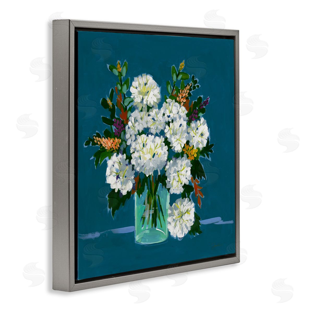 Liz Jardine White Hydrangea Modern Bouquet Gray Floating Frame Canvas Wall Art Print