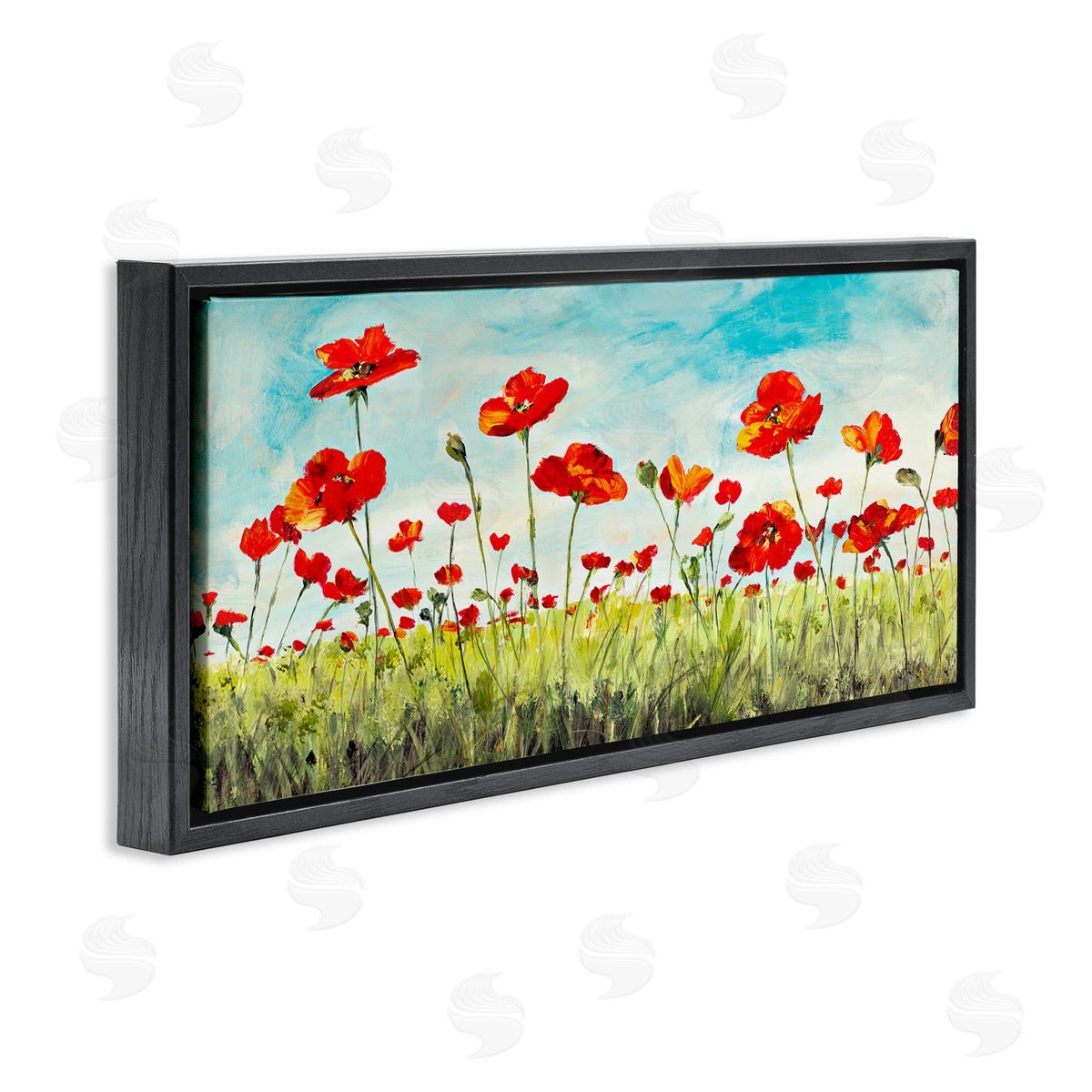 Bright Red Poppies Meadow Black Floating Frame Canvas Wall Art, Home Decor by Julie DeRice