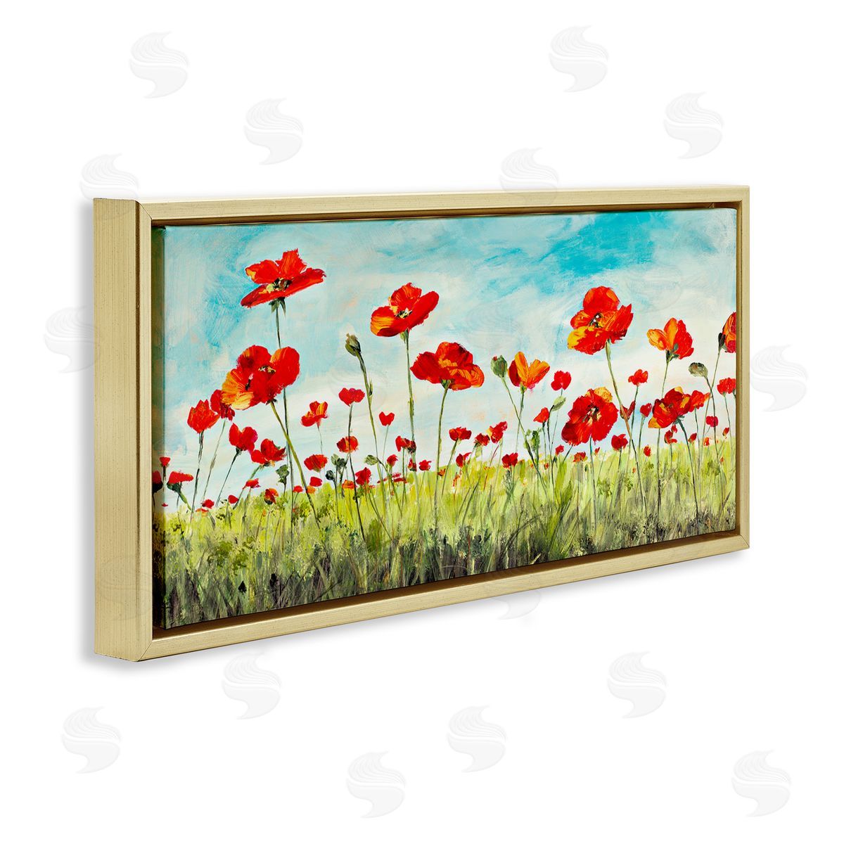 Bright Red Poppies Meadow Gold Floating Frame Canvas Wall Art, Home Decor by Julie DeRice