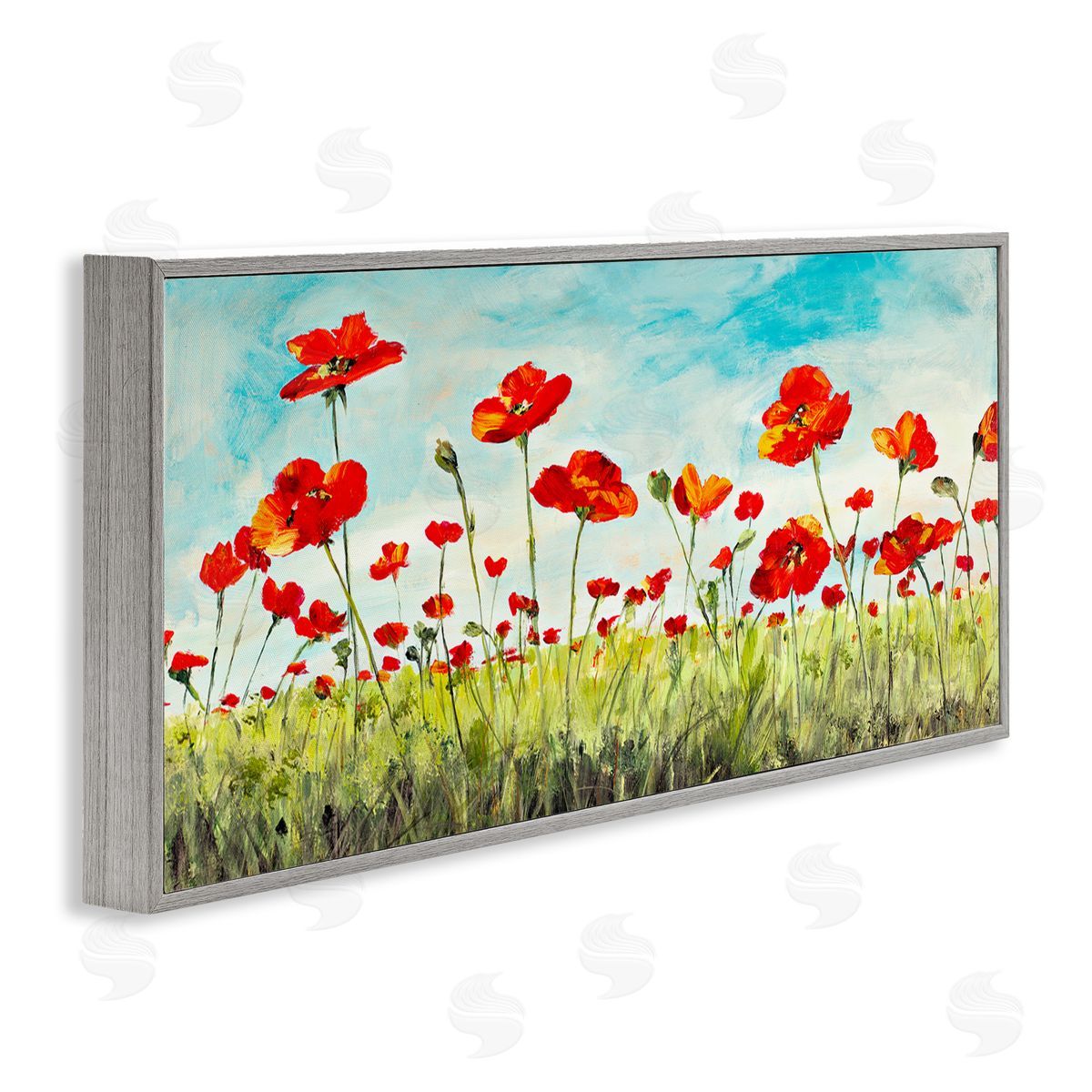 Bright Red Poppies Meadow Grey Frame Print Wall Art, Home Decor by Julie DeRice