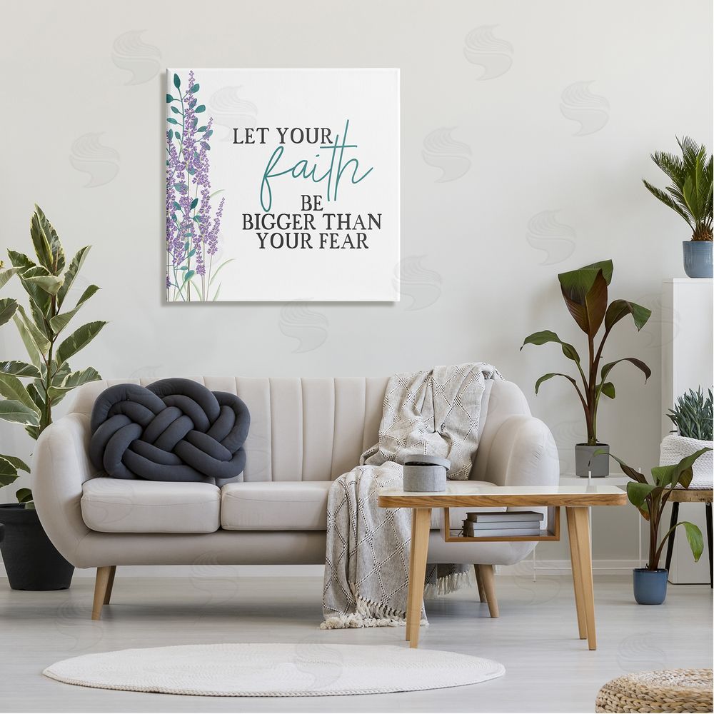 Kim Allen Faith Bigger Than Your Fear Lavender Canvas Wall Art in Room