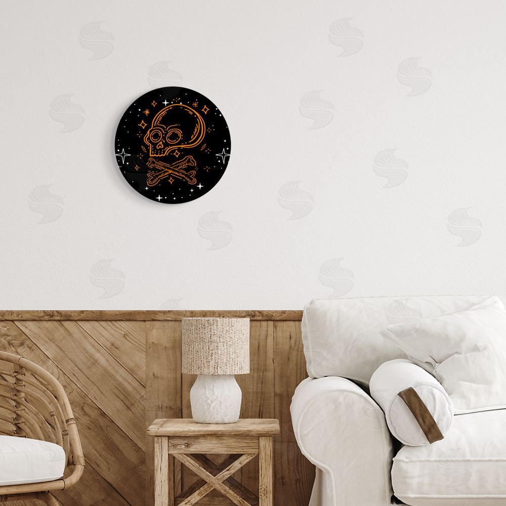 Stupell Studio Orange Skull Crossbones Halloween Round Wall Plaque Art Print in Room