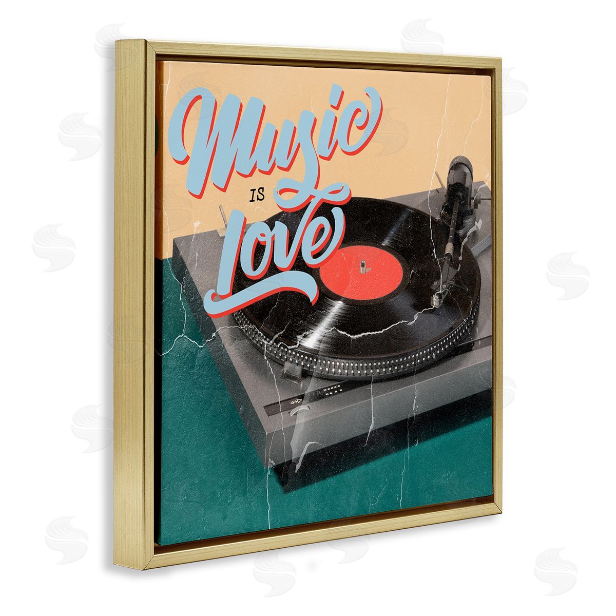 Kim Allen Vintage Music Is Love Turntable Gold Floating Frame Canvas Wall Art Print