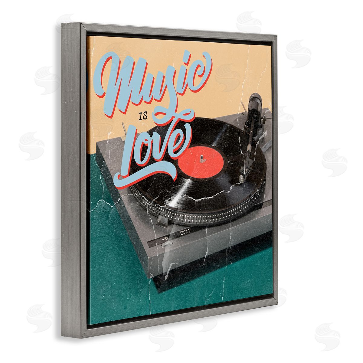 Kim Allen Vintage Music Is Love Turntable Gray Floating Frame Canvas Wall Art Print