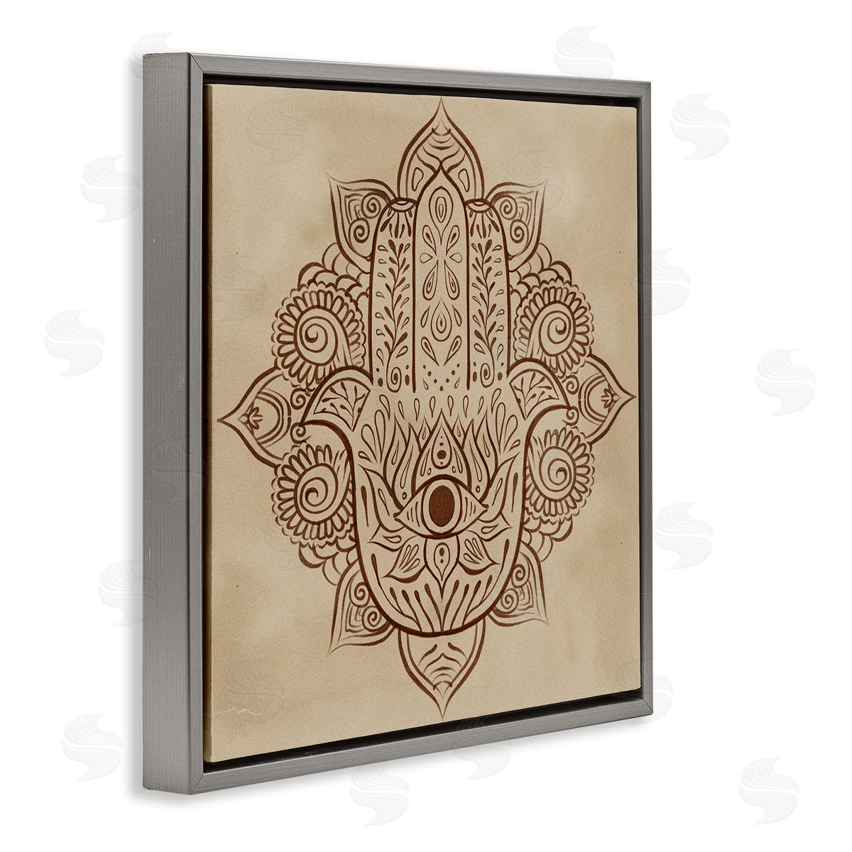 Ziwei Li Detailed Botanical Hamsa Symbol Gray Floating Frame Canvas Wall Art Print