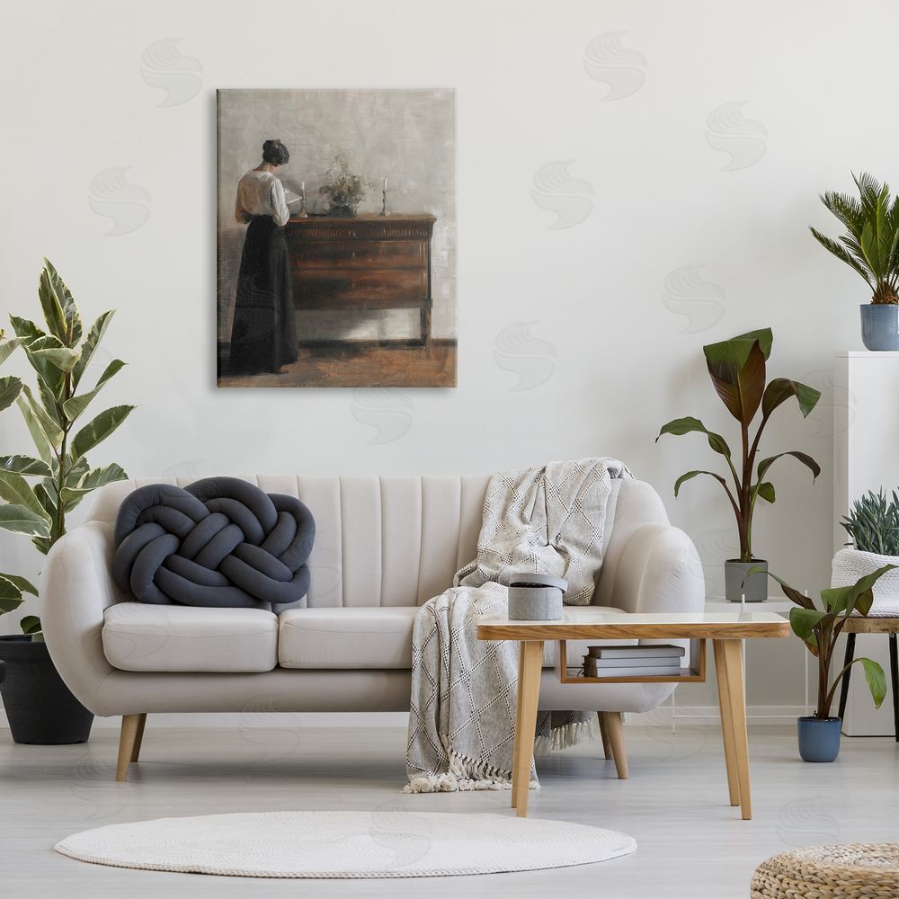 Lettered and Lined Classic Woman In Dress Reading