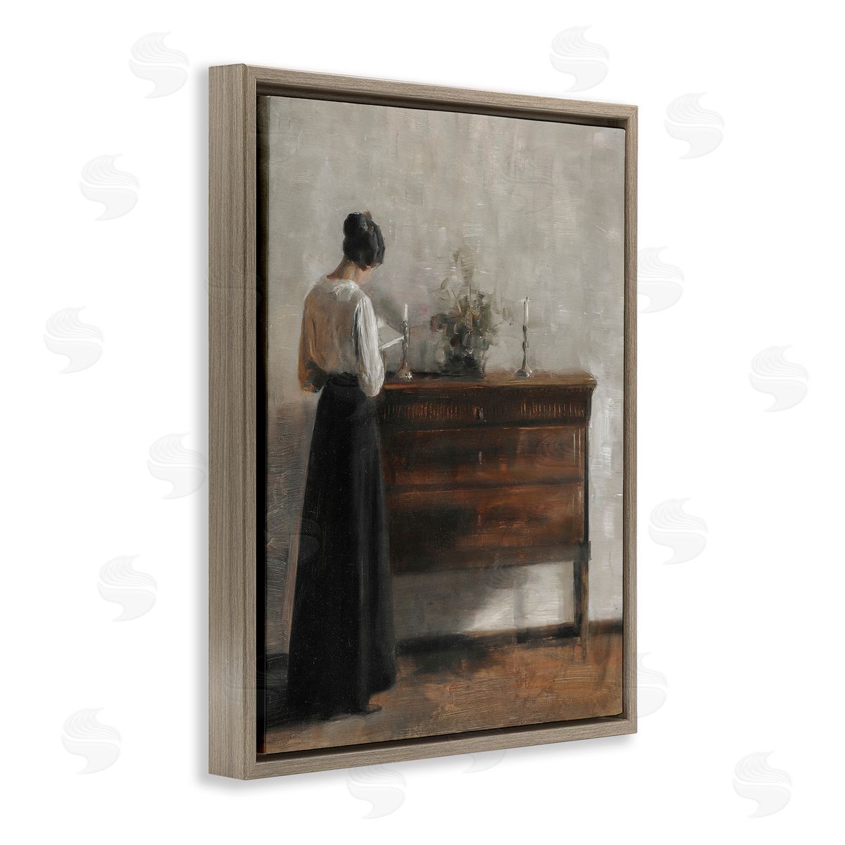 Lettered and Lined Classic Woman In Dress Reading
