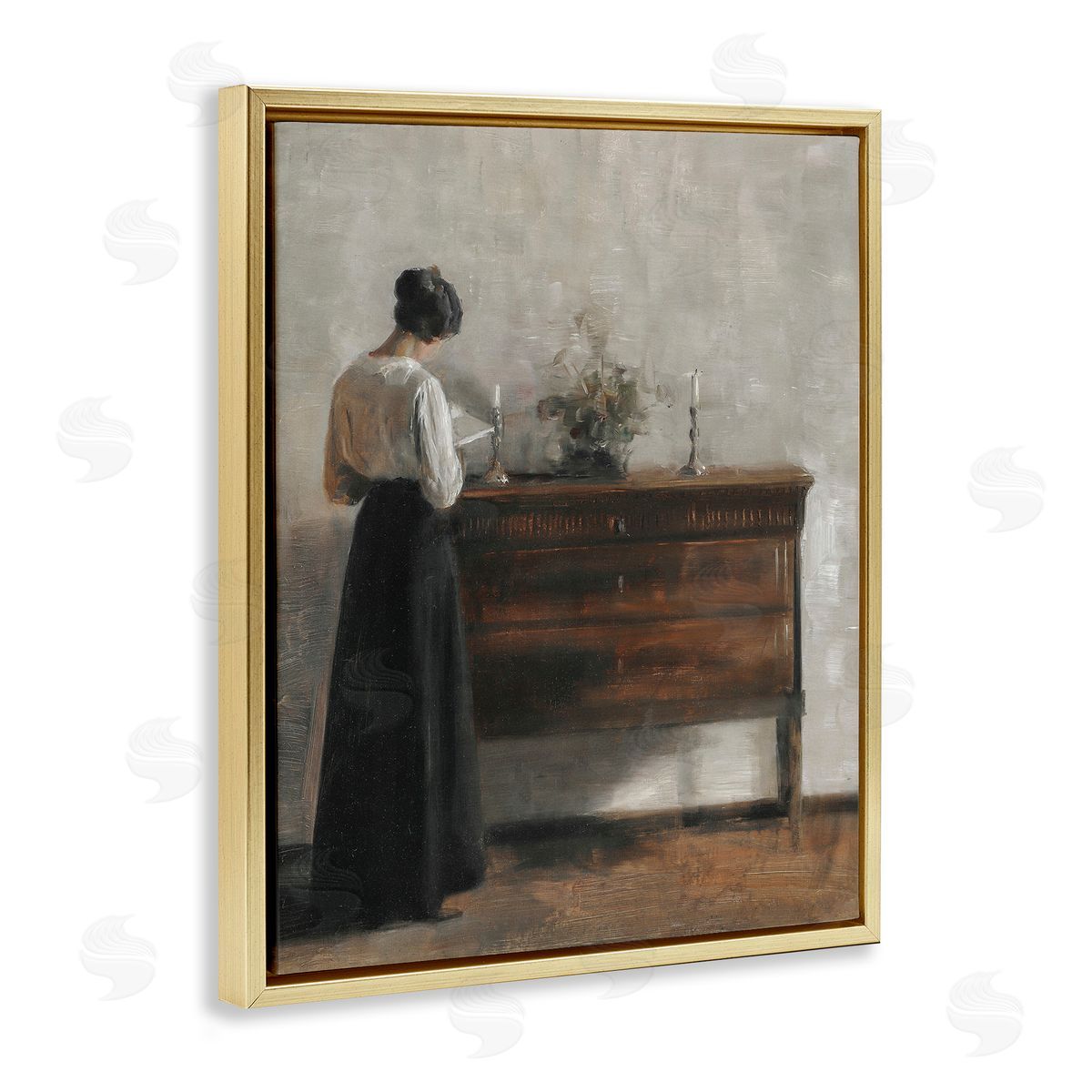 Lettered and Lined Classic Woman In Dress Reading