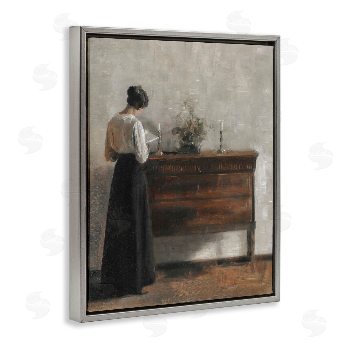 Lettered and Lined Classic Woman In Dress Reading
