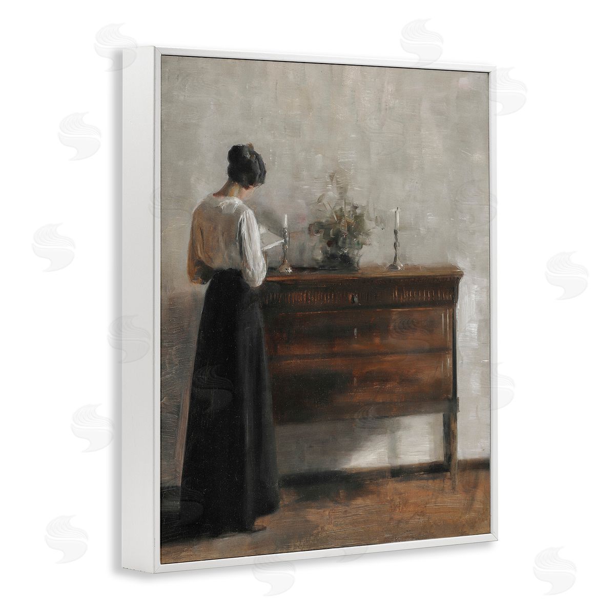 Lettered and Lined Classic Woman In Dress Reading