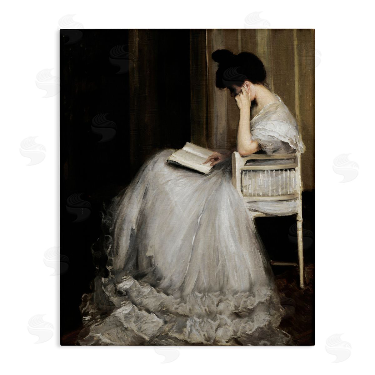 Lettered and Lined Woman in Gown Reading Portrait