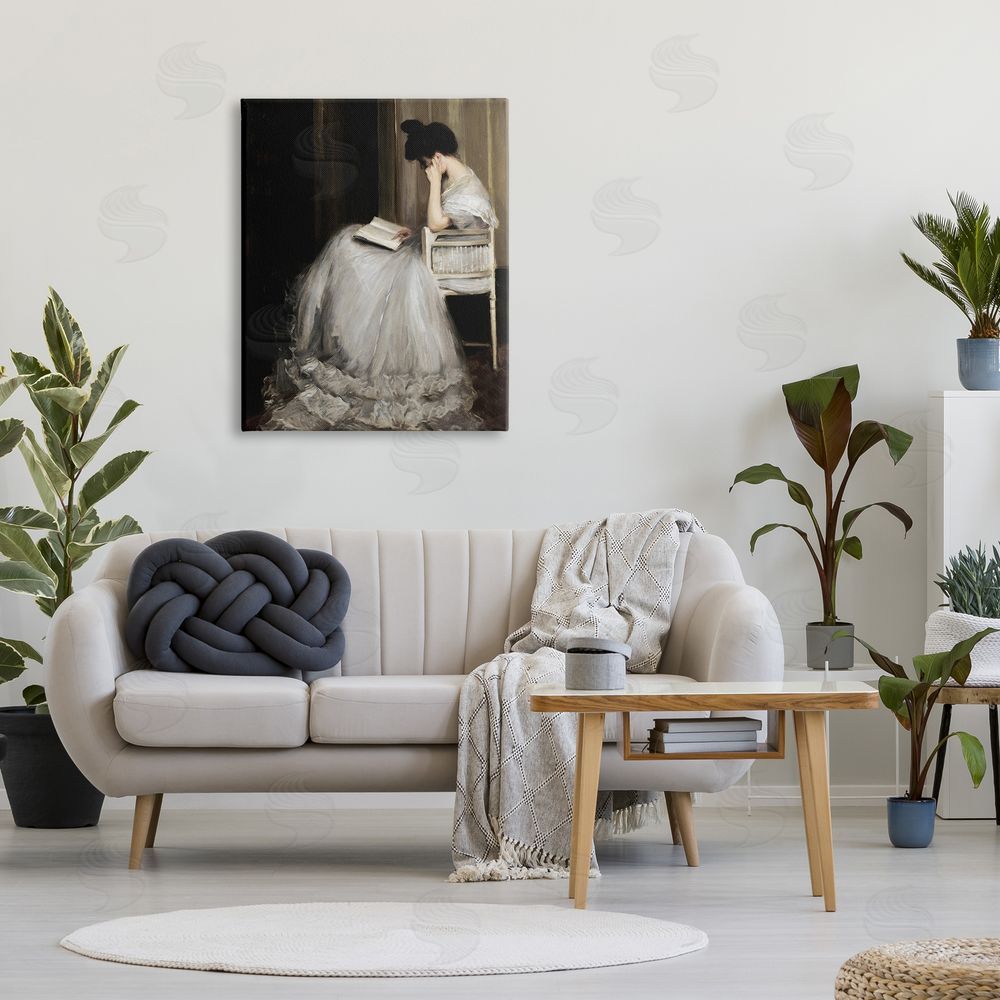 Lettered and Lined Woman in Gown Reading Portrait