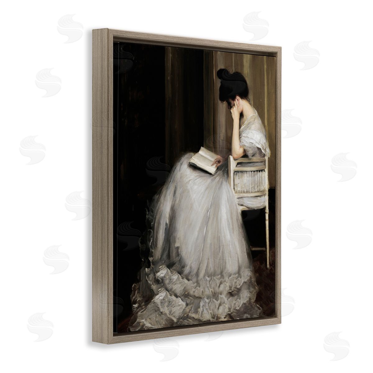 Lettered and Lined Woman in Gown Reading Portrait