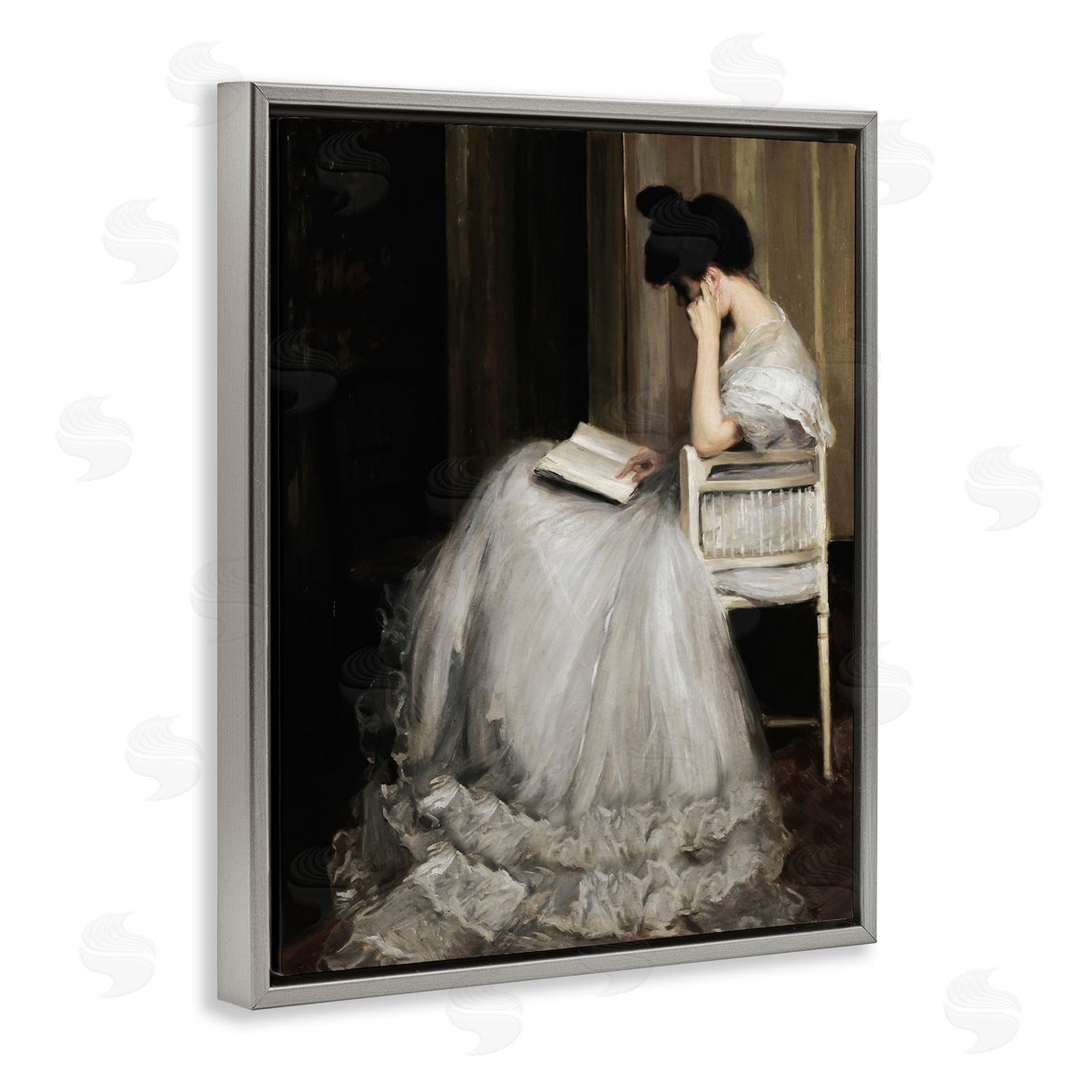 Lettered and Lined Woman in Gown Reading Portrait