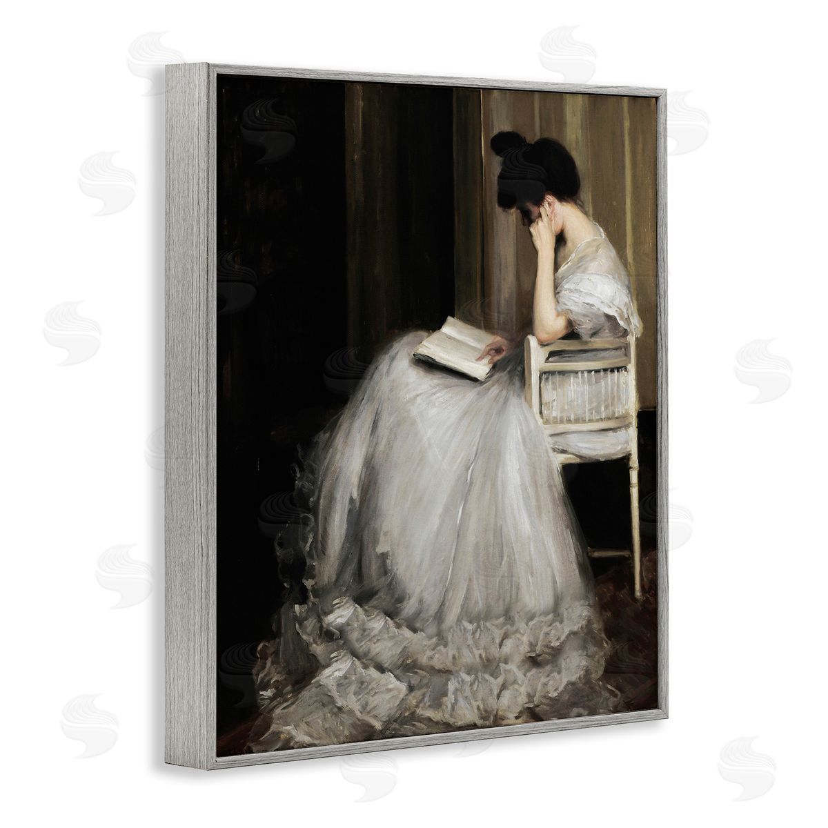 Lettered and Lined Woman in Gown Reading Portrait