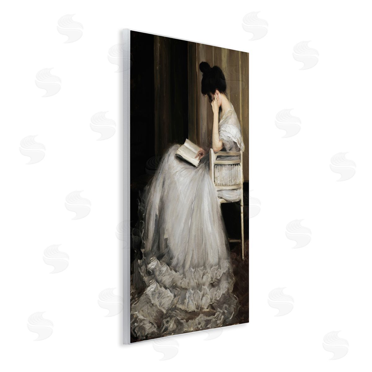 Lettered and Lined Woman in Gown Reading Portrait