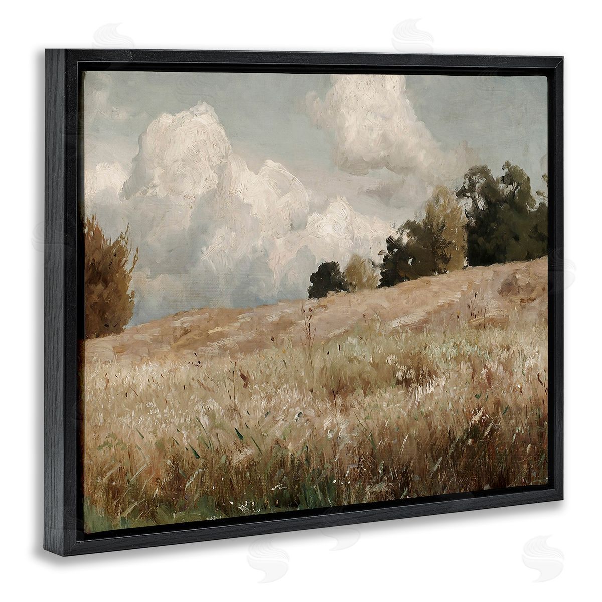 Classic Cloudy Field Landscape Black Floating Frame Canvas Wall Art, Home Decor by Lettered and Lined