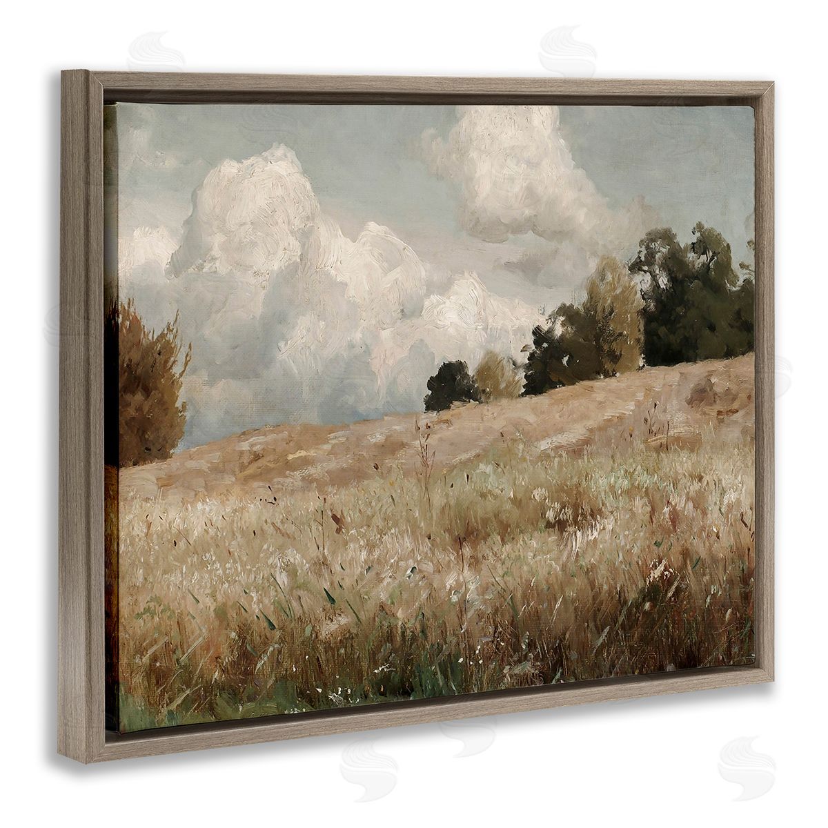 Classic Cloudy Field Landscape Brown Floating Frame Canvas Wall Art, Home Decor by Lettered and Lined