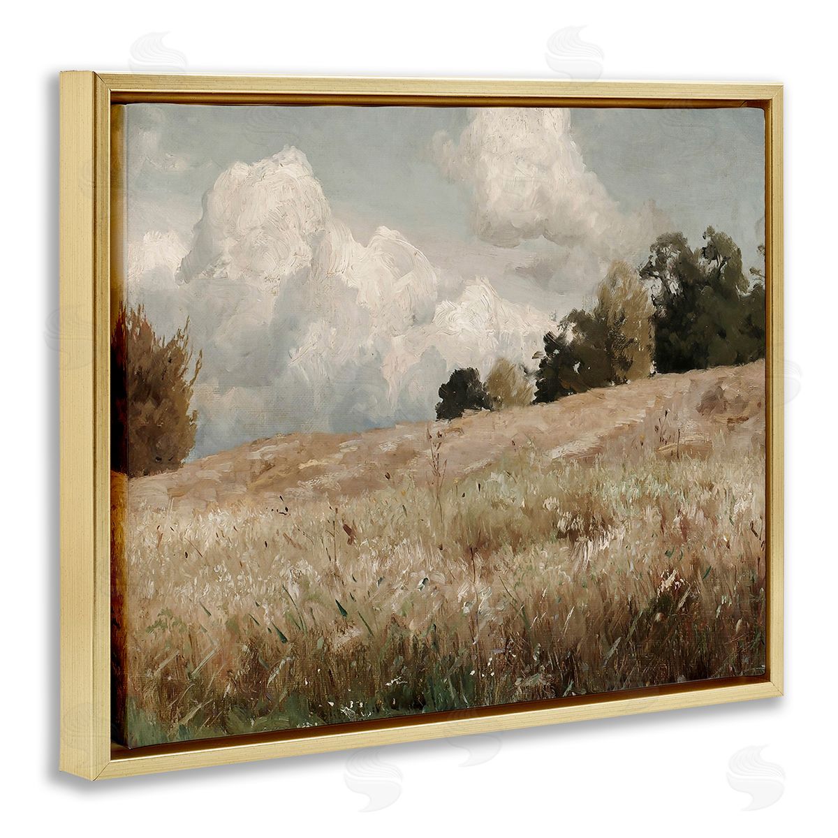 Classic Cloudy Field Landscape Gold Floating Frame Canvas Wall Art, Home Decor by Lettered and Lined