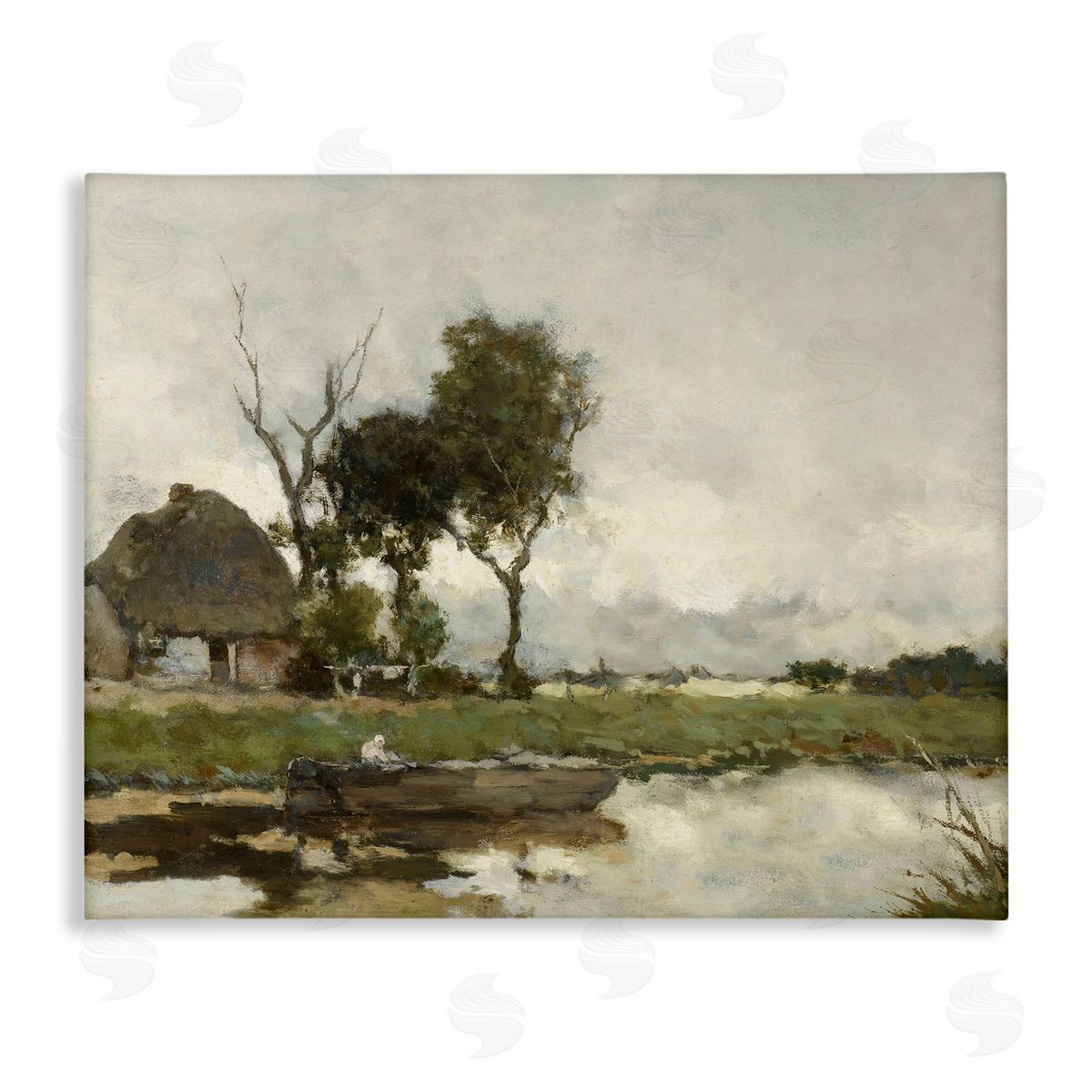 Lettered and Lined Boat on River Classic Scene