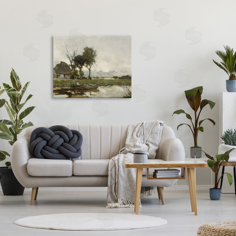 Lettered and Lined Boat on River Classic Scene