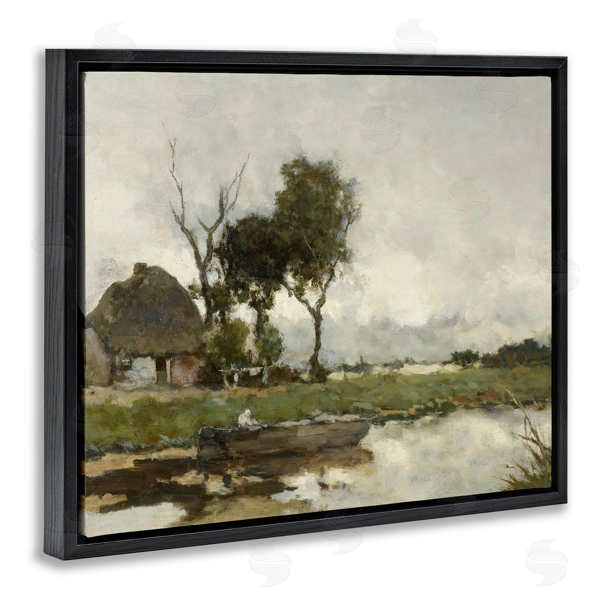 Lettered and Lined Boat on River Classic Scene