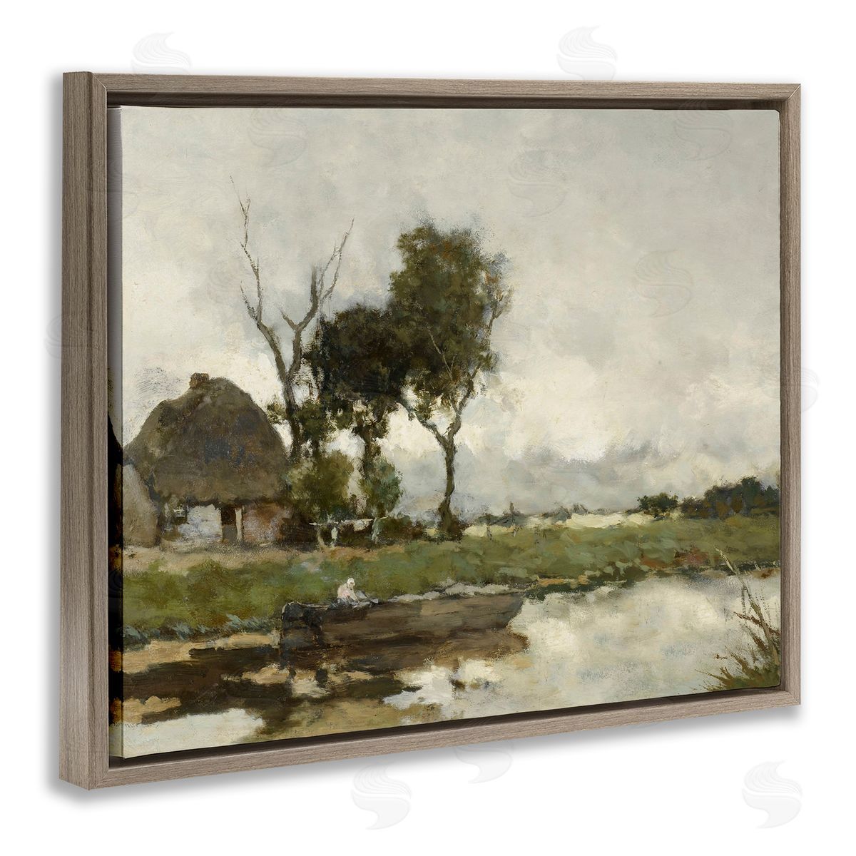 Lettered and Lined Boat on River Classic Scene