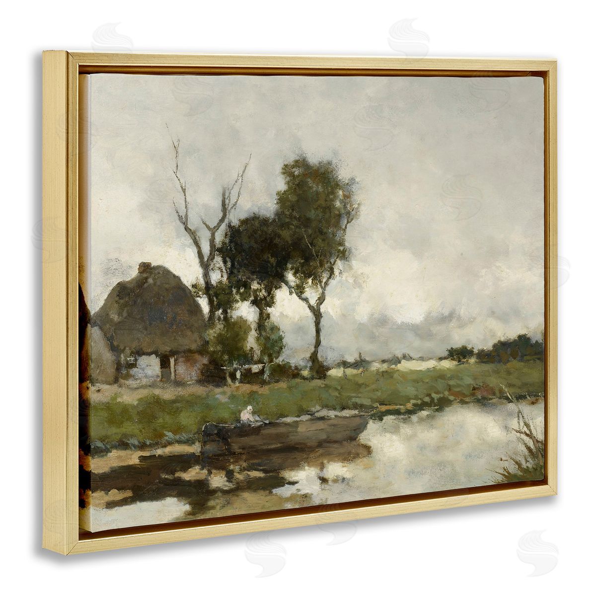 Lettered and Lined Boat on River Classic Scene