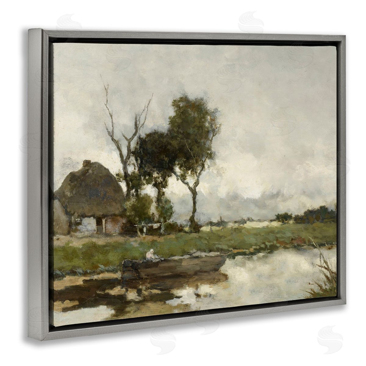 Lettered and Lined Boat on River Classic Scene