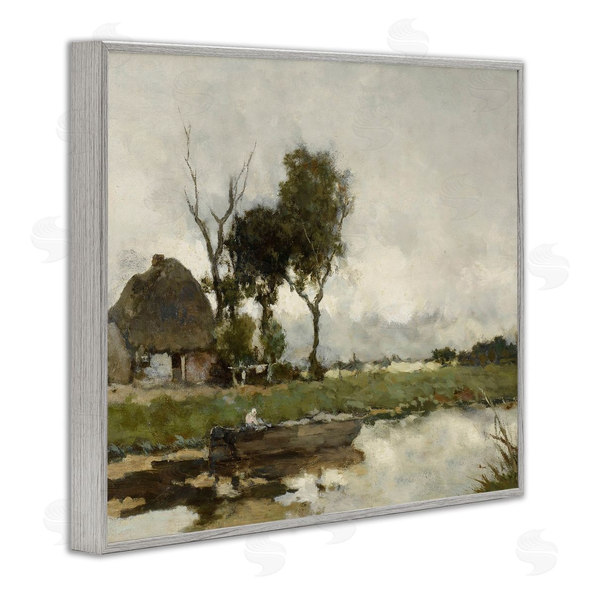 Lettered and Lined Boat on River Classic Scene