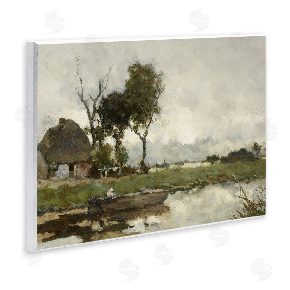 Lettered and Lined Boat on River Classic Scene