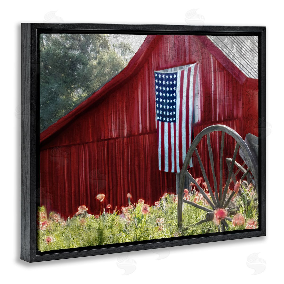 Red Barn with American Flag Black Floating Frame Canvas Wall Art, Home Decor by Kim Allen