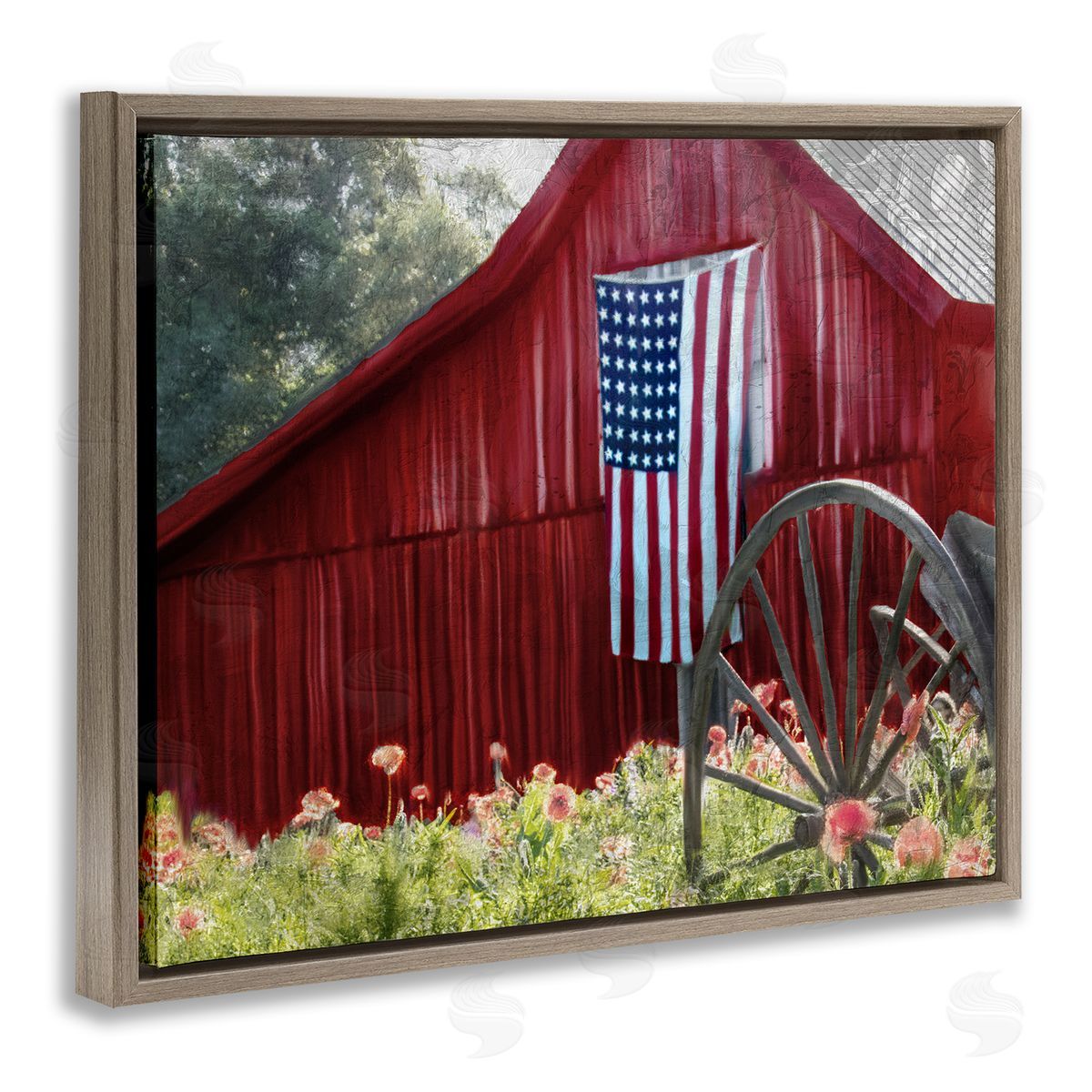 Red Barn with American Flag Brown Floating Frame Canvas Wall Art, Home Decor by Kim Allen