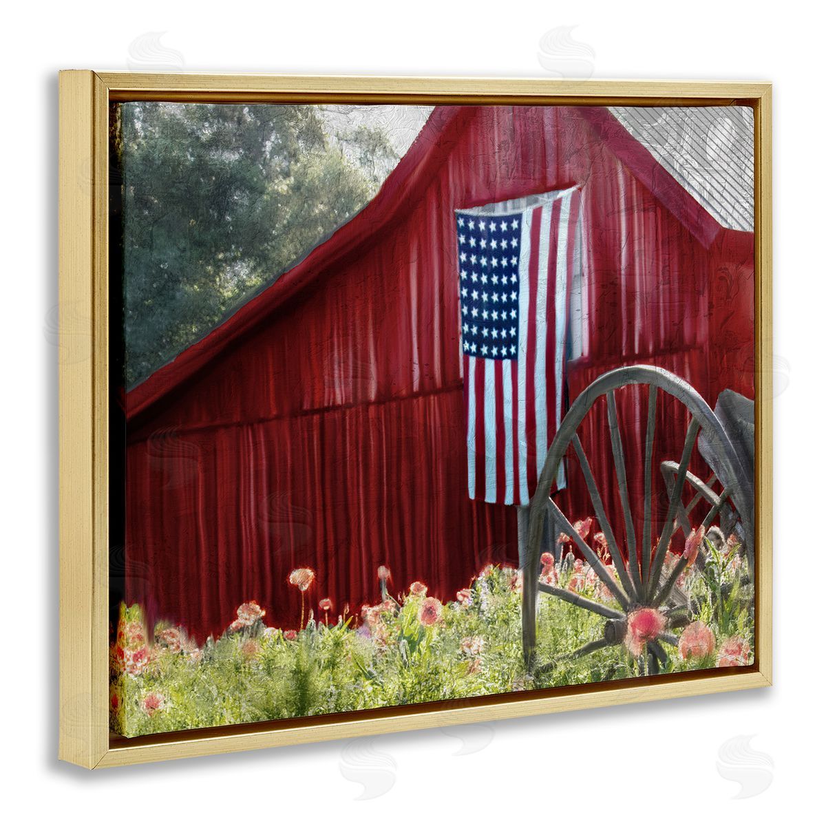 Red Barn with American Flag Gold Floating Frame Canvas Wall Art, Home Decor by Kim Allen