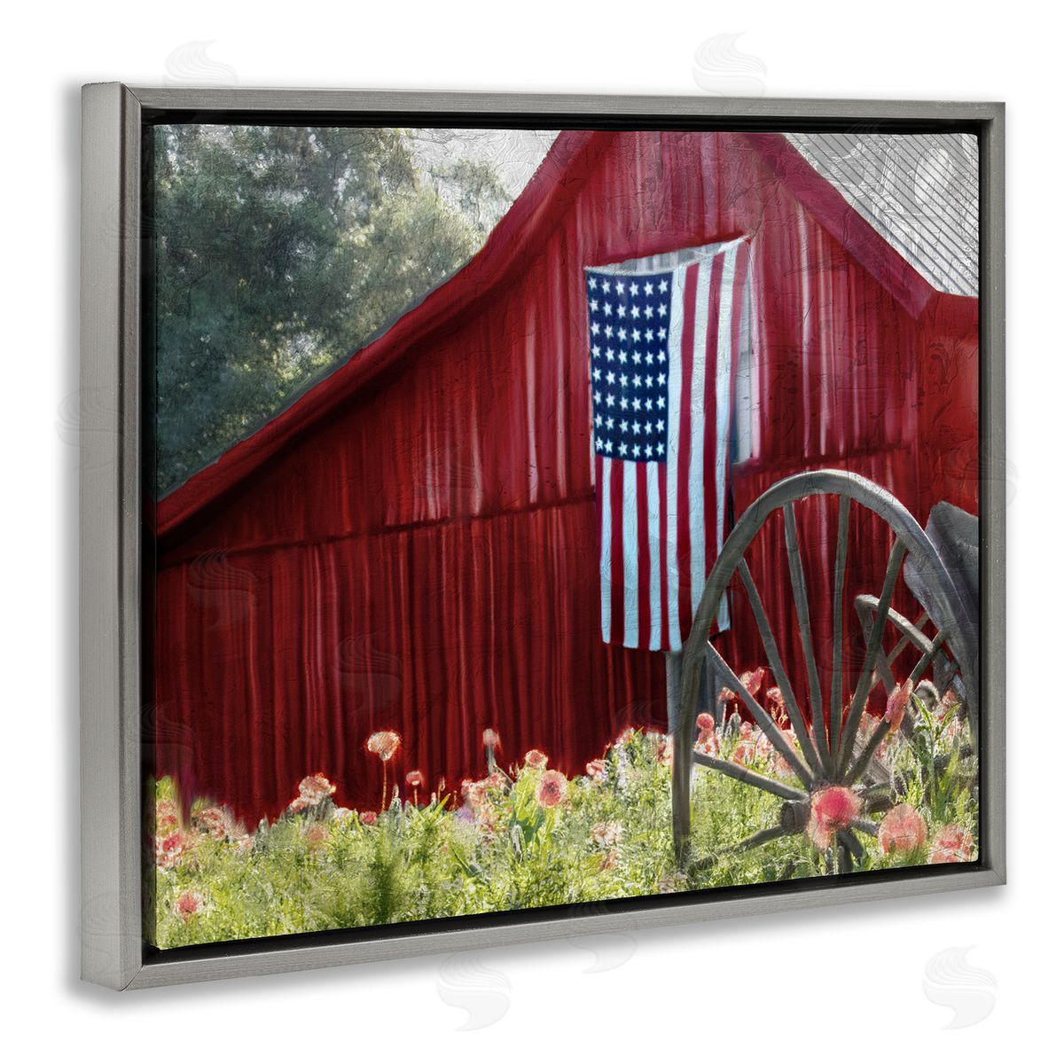 Red Barn with American Flag Grey Floating Frame Canvas Wall Art, Home Decor by Kim Allen