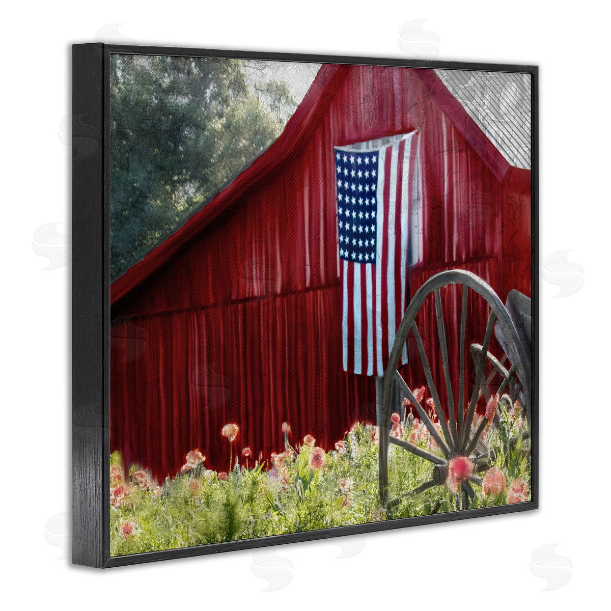 Red Barn with American Flag Black Frame Print Wall Art, Home Decor by Kim Allen