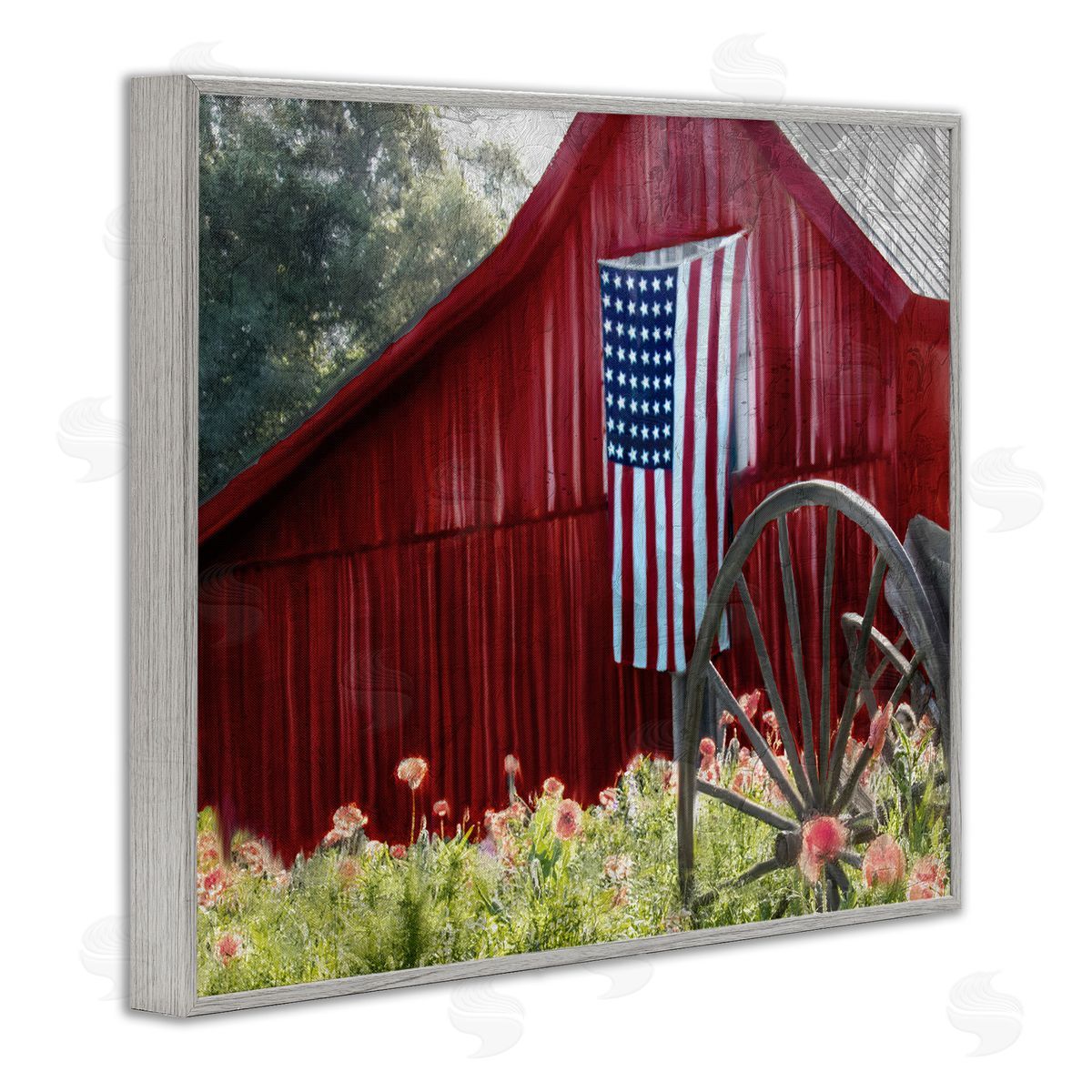 Red Barn with American Flag Grey Frame Print Wall Art, Home Decor by Kim Allen