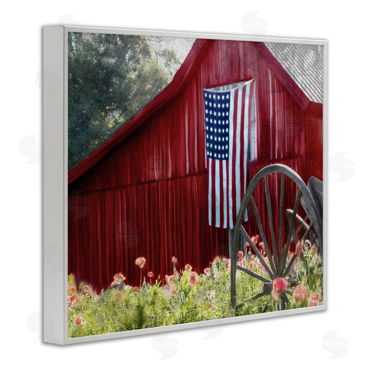 Red Barn with American Flag White Frame Print Wall Art, Home Decor by Kim Allen