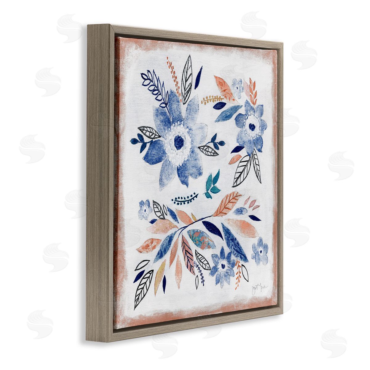 Janet Tava Boho Flower Leaf Arrangement Brown Floating Frame Canvas Wall Art Print